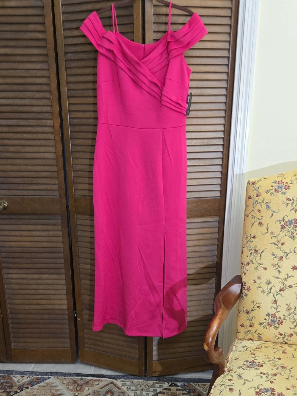 Fuchsia/Pink Off The Shoulder Evening Dress with Draped Neckline